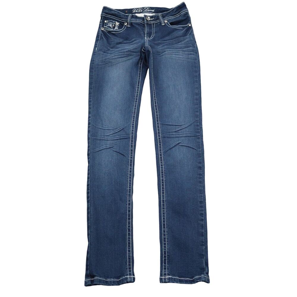 Vivi Diva Pants Womens 5 Blue Denim Flat Front Mid Rise Skinny Pockets Jeans